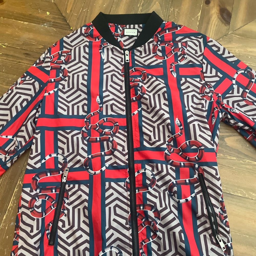 Gucci Red and Black Geometric Bomber Jacket